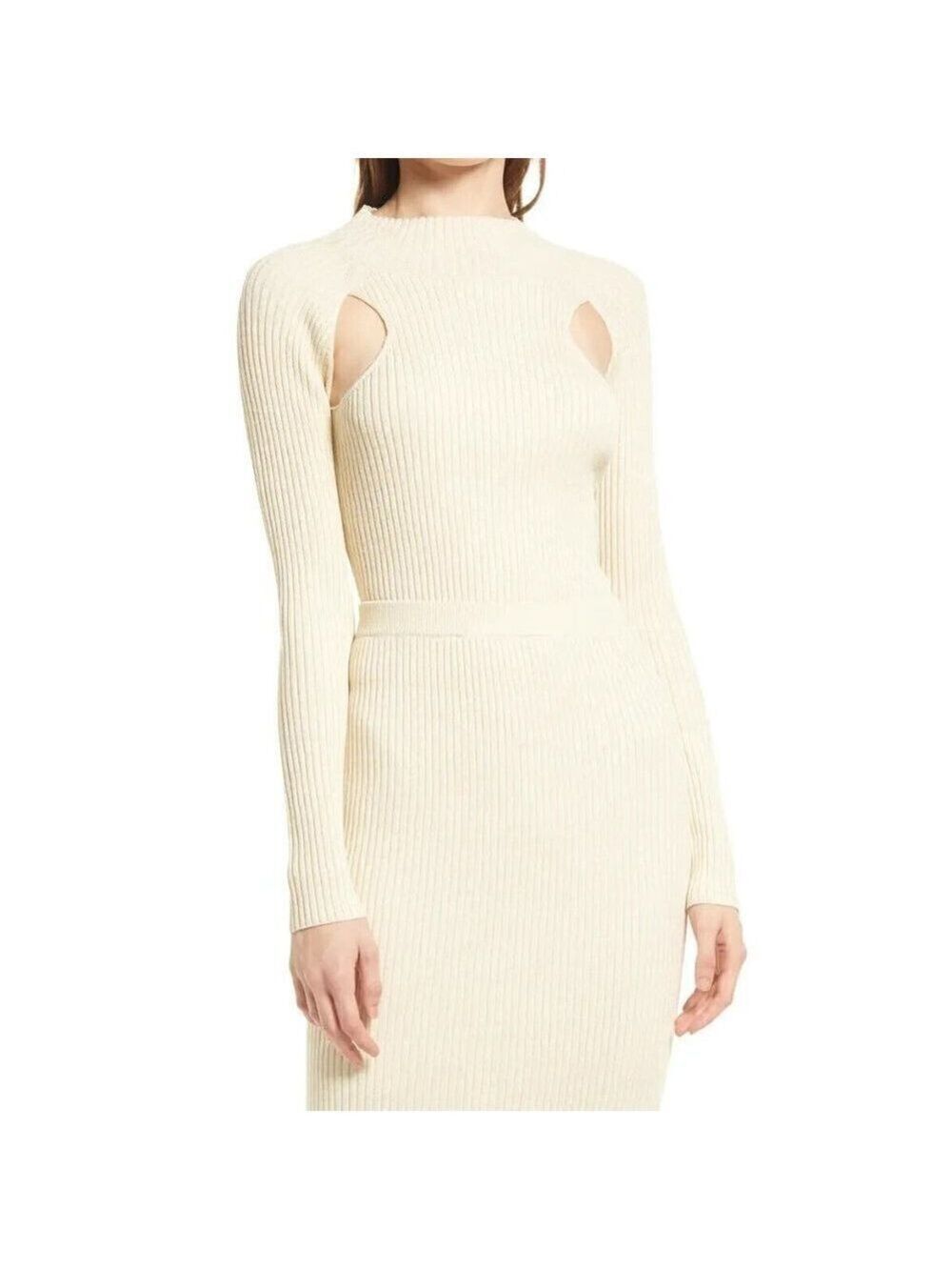 𝅺OPEN Edit BNWT Women Ribbed Mock Neck Sweater Sz Small Cut Out Sparkle